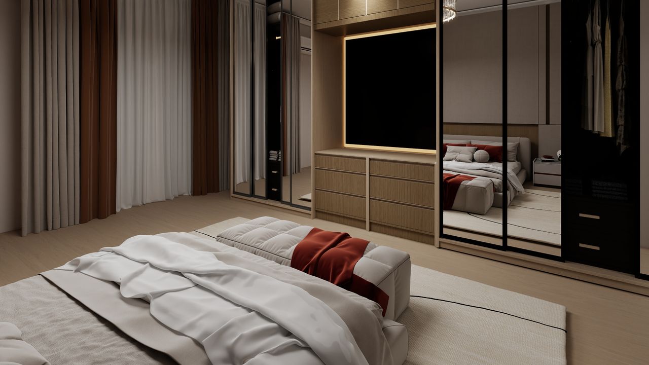 Signature suite with walnut cabinetry and warm lighting