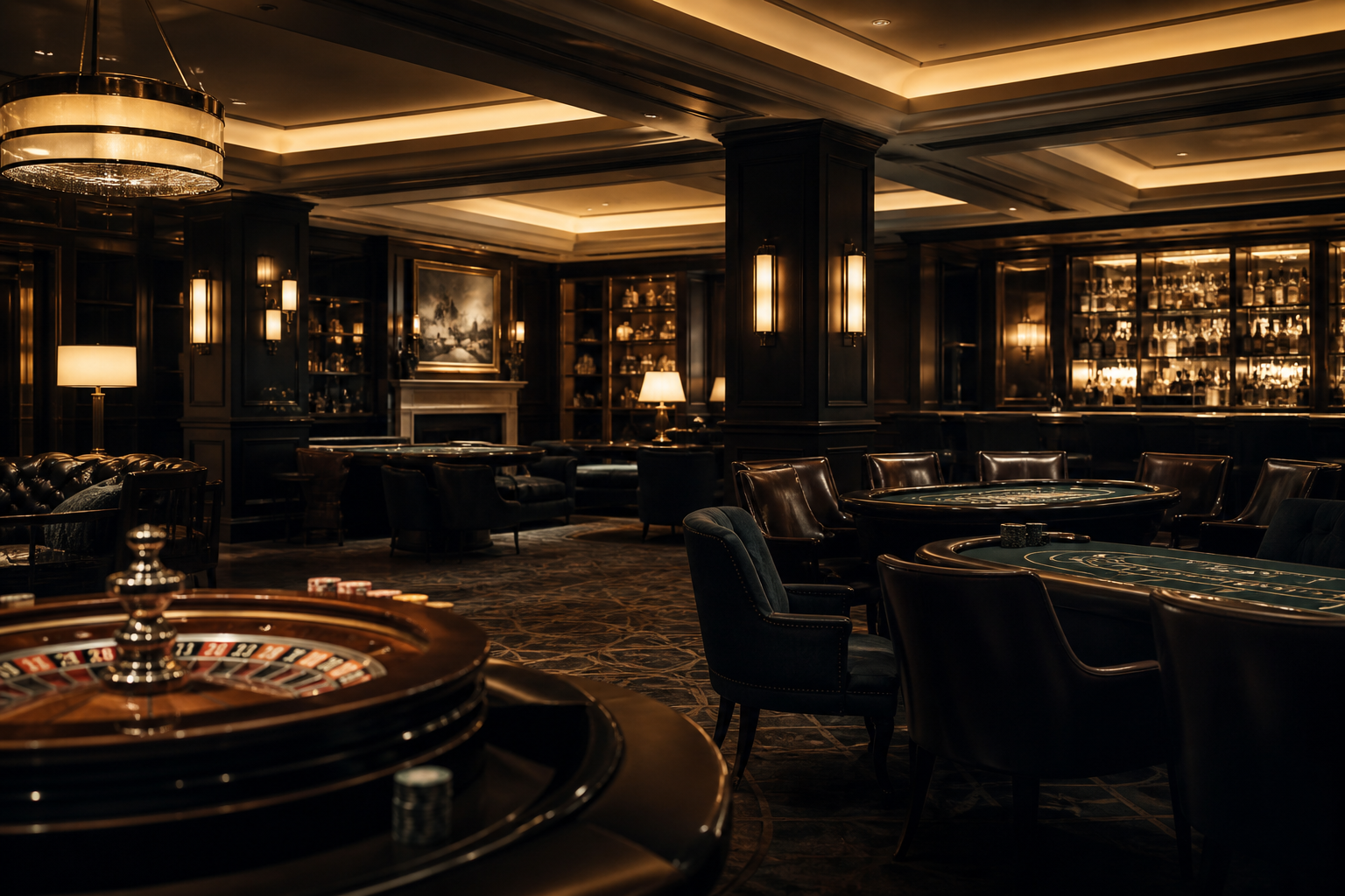 Discreet casino gaming floor with soft evening lighting