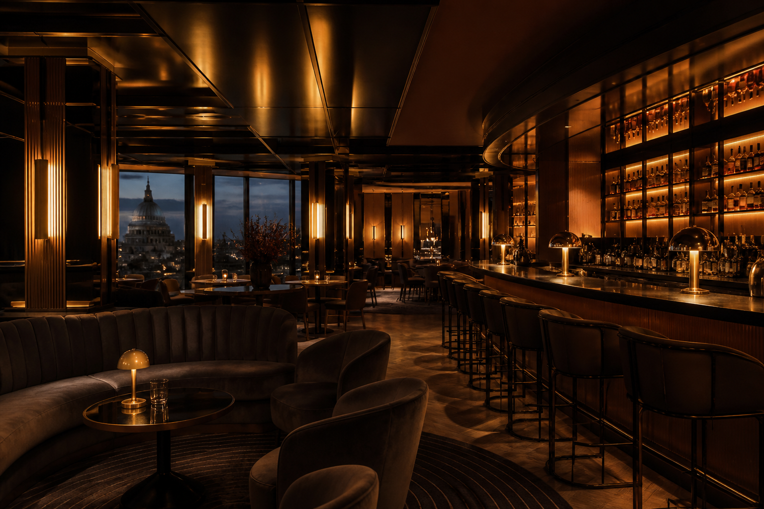 Cocktail lounge with amber lighting and dark interiors