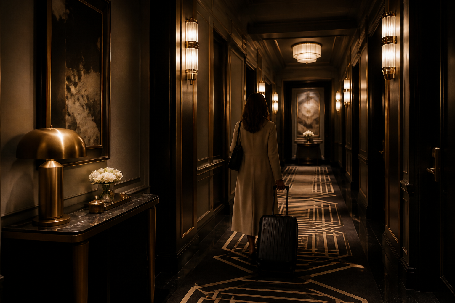 Elegant hotel corridor with brass wall sconces