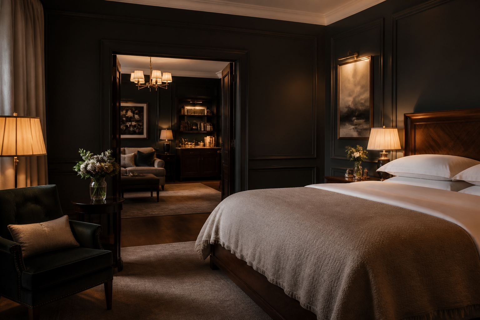 Classic luxury hotel bedroom with soft lamp light