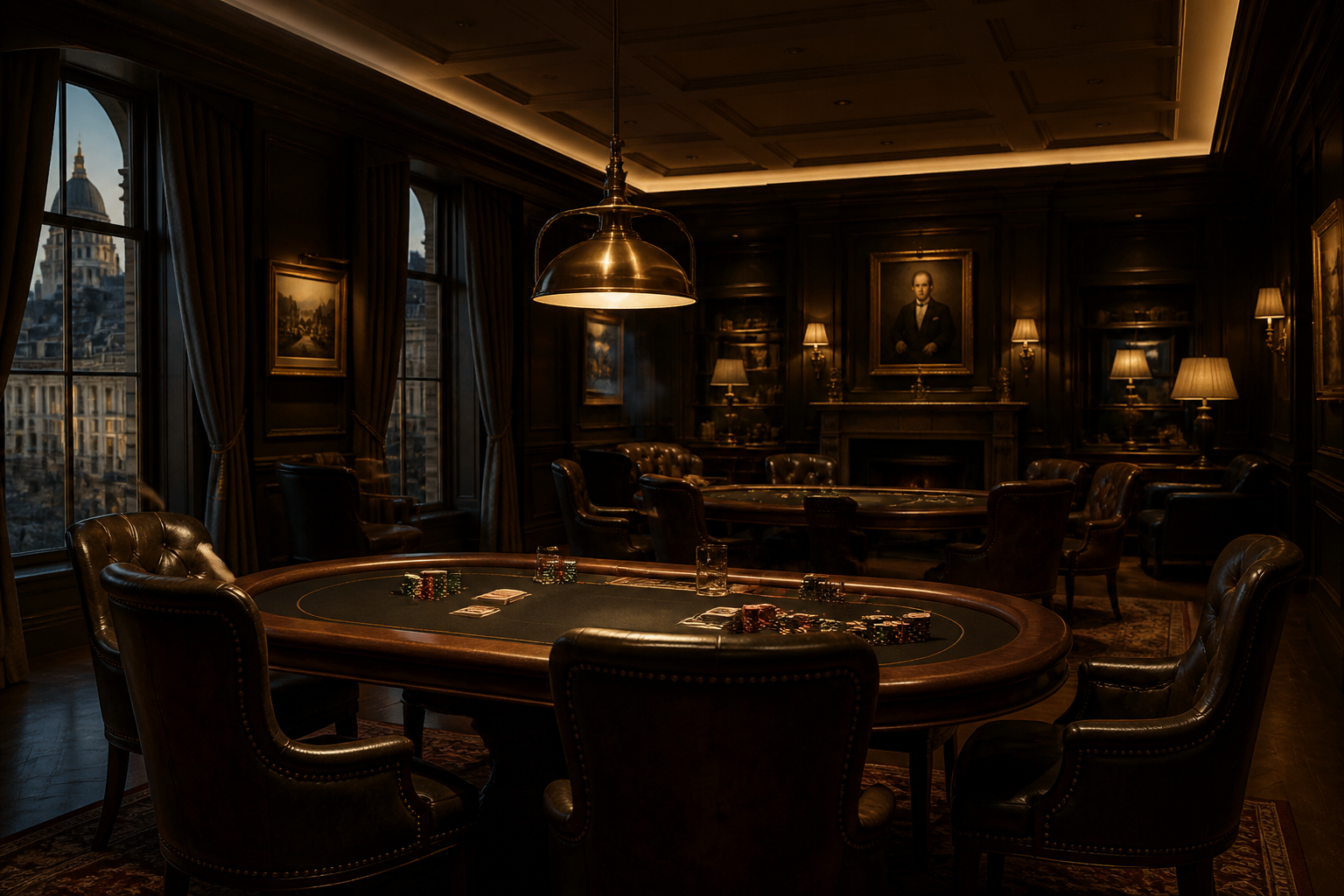 Private poker lounge with walnut tables