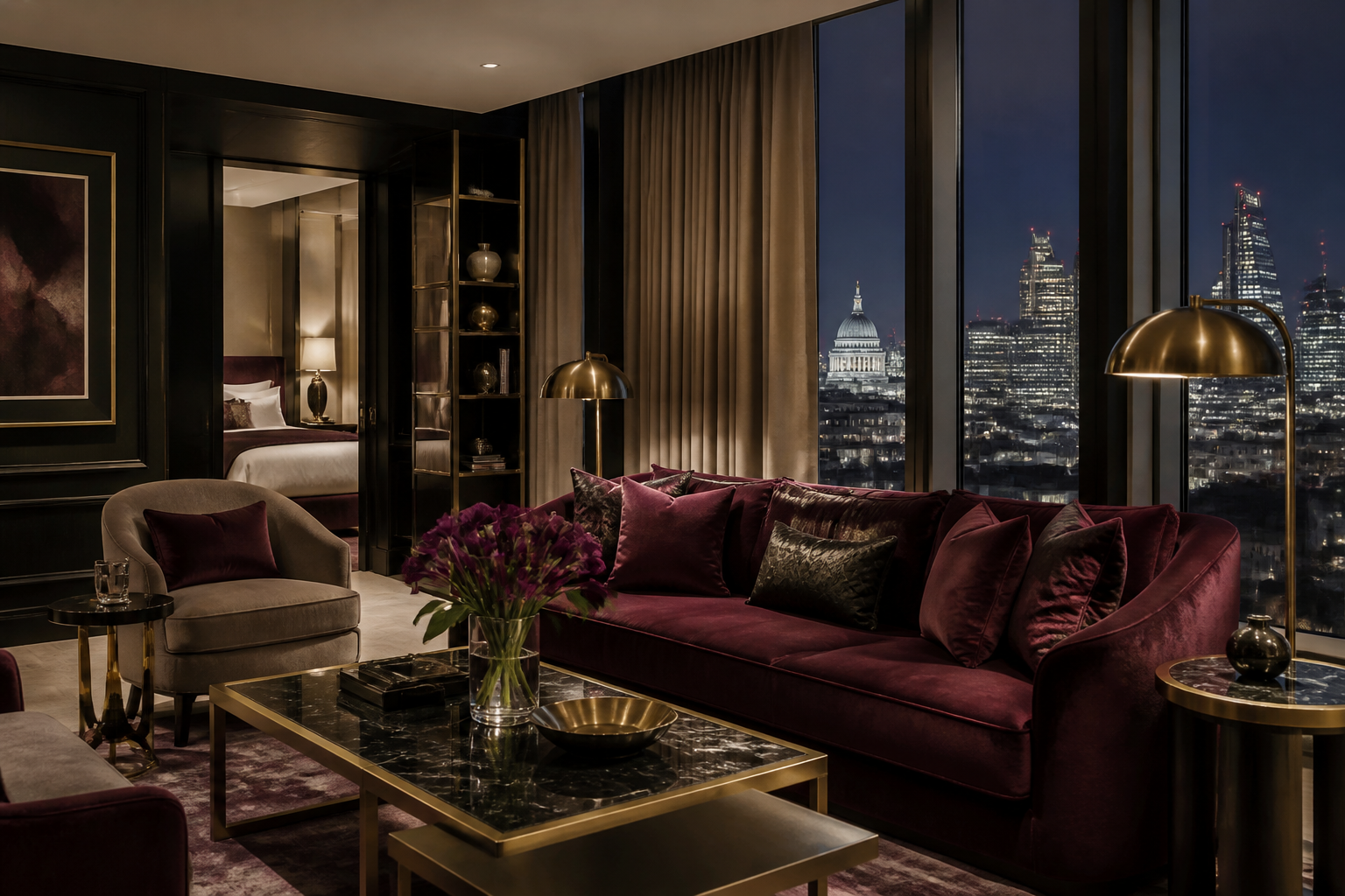 Premium suite living space with evening city light